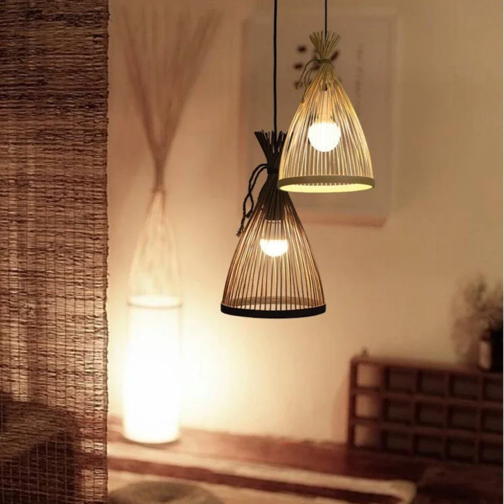 Natural Bambu Rattan LED Lustr - Wicker Pendant Shade avaliação e preço